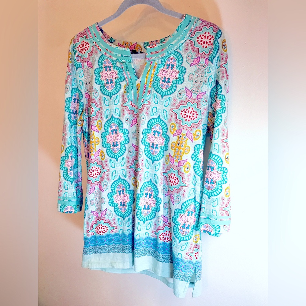 Talbots Aqua Floral-Print Tunic Top - Teal Multi